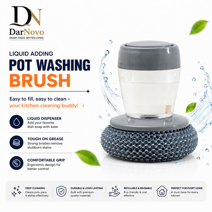 Self-dispensing kitchen scrubber – Liquid adding pot washing brush
