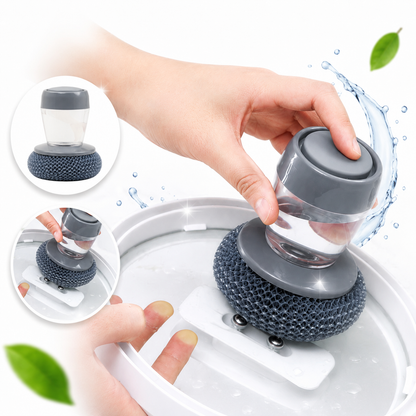 Self-dispensing kitchen scrubber – Liquid adding pot washing brush